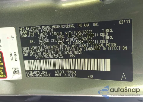 2011 Toyota Sienna Xle V6 from USA, damaged, VIN 5TDYK3DC1BS124622